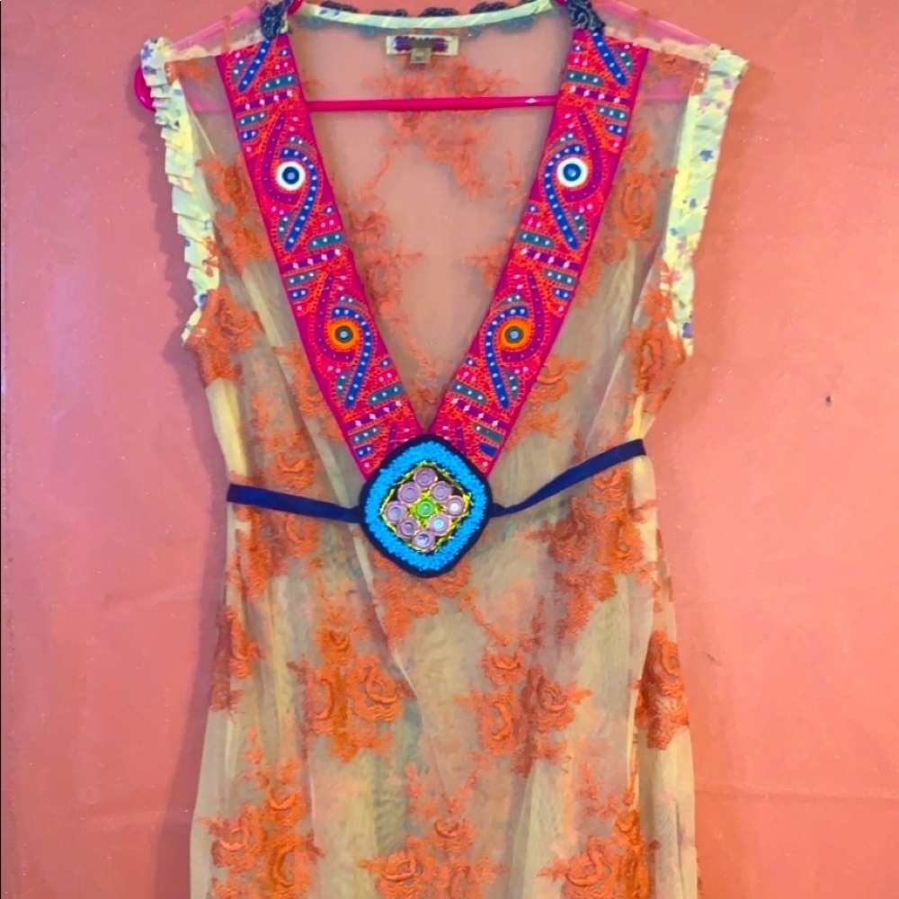 Free People Boho Tank Mesh Floral Lace Design & Beaded Details Size Medium